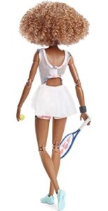 barbie role models doll naomi osaka collectible with tennis dress, racket and accessories, posable