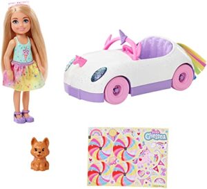 barbie chelsea doll & unicorn toy car, blonde small doll in removable skirt, pet puppy, sticker sheet & accessories