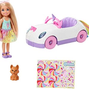 Barbie Chelsea Doll & Unicorn Toy Car, Blonde Small Doll in Removable Skirt, Pet Puppy, Sticker Sheet & Accessories