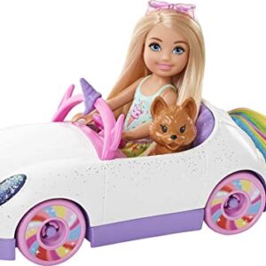 Barbie Chelsea Doll & Unicorn Toy Car, Blonde Small Doll in Removable Skirt, Pet Puppy, Sticker Sheet & Accessories