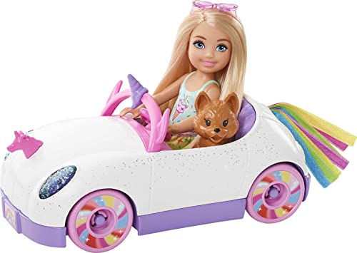 Barbie Chelsea Doll & Unicorn Toy Car, Blonde Small Doll in Removable Skirt, Pet Puppy, Sticker Sheet & Accessories