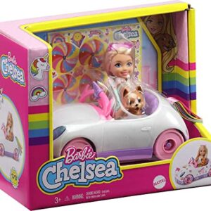 Barbie Chelsea Doll & Unicorn Toy Car, Blonde Small Doll in Removable Skirt, Pet Puppy, Sticker Sheet & Accessories