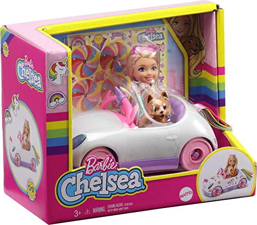 Barbie Chelsea Doll & Unicorn Toy Car, Blonde Small Doll in Removable Skirt, Pet Puppy, Sticker Sheet & Accessories