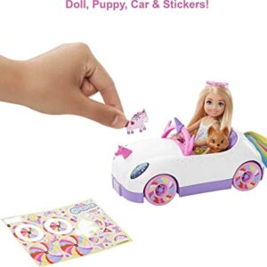 Barbie Chelsea Doll & Unicorn Toy Car, Blonde Small Doll in Removable Skirt, Pet Puppy, Sticker Sheet & Accessories