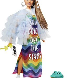 Barbie Extra Doll & Accessories with Long Brunette Hair and Bling Clips in Multi-Colored Dress with Pet Crocodile