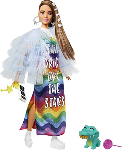 Barbie Extra Doll & Accessories with Long Brunette Hair and Bling Clips in Multi-Colored Dress with Pet Crocodile