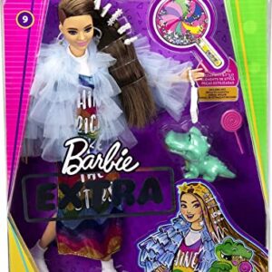 Barbie Extra Doll & Accessories with Long Brunette Hair and Bling Clips in Multi-Colored Dress with Pet Crocodile