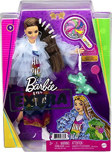 Barbie Extra Doll & Accessories with Long Brunette Hair and Bling Clips in Multi-Colored Dress with Pet Crocodile