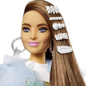 Barbie Extra Doll & Accessories with Long Brunette Hair and Bling Clips in Multi-Colored Dress with Pet Crocodile