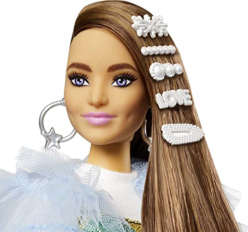 Barbie Extra Doll & Accessories with Long Brunette Hair and Bling Clips in Multi-Colored Dress with Pet Crocodile