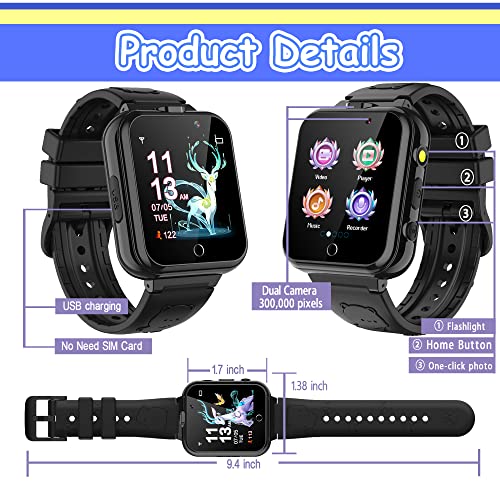 Smart Watch for Kids Boys Girls Toys for 3-12 Year Old, Premium Touch Screen Smartwatch with Camera Educational Games Music Player, Birthday Gifts (Black)