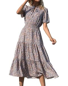 btfbm women's 2023 summer casual boho dress floral print tie v neck short sleeve elastic waist a-line midi beach dresses(floral blue, large)