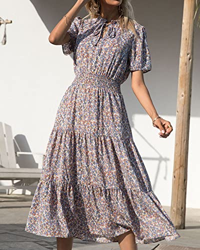 BTFBM Women's 2023 Summer Casual Boho Dress Floral Print Tie V Neck Short Sleeve Elastic Waist A-Line Midi Beach Dresses(Floral Blue, Large)