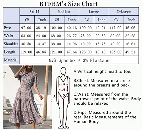 BTFBM Women's 2023 Summer Casual Boho Dress Floral Print Tie V Neck Short Sleeve Elastic Waist A-Line Midi Beach Dresses(Floral Blue, Large)