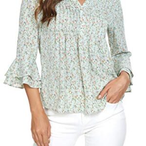 olrain Womens Summer Floral Printed V-Neck Swing Tunic 3/4 Bat Wing Short Sleeve Chiffon Tops Blouse Shirts (Light Green, X-Large)