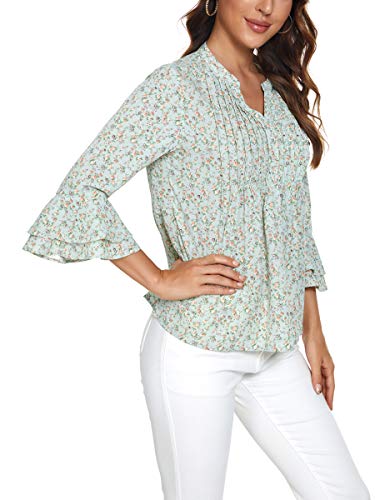 olrain Womens Summer Floral Printed V-Neck Swing Tunic 3/4 Bat Wing Short Sleeve Chiffon Tops Blouse Shirts (Light Green, X-Large)