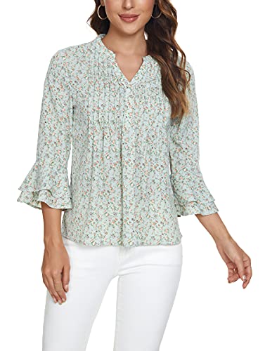 olrain Womens Summer Floral Printed V-Neck Swing Tunic 3/4 Bat Wing Short Sleeve Chiffon Tops Blouse Shirts (Light Green, X-Large)