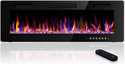 Waleaf 50 inch Ultra-Thin Electric Fireplace Wall Mounted and Recessed,Fireplace Heater with Multicolor Flame fit for 2 x 4 and 2 x 6 Stud, Remote Control Touch Screen,Timer,Low Noise,750/1500W