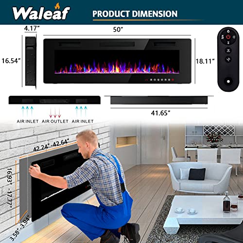 Waleaf 50 inch Ultra-Thin Electric Fireplace Wall Mounted and Recessed,Fireplace Heater with Multicolor Flame fit for 2 x 4 and 2 x 6 Stud, Remote Control Touch Screen,Timer,Low Noise,750/1500W