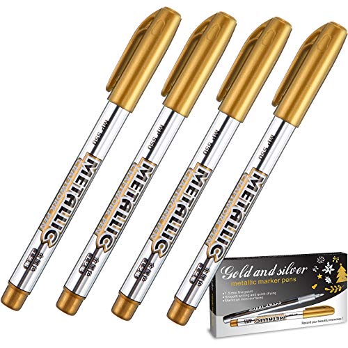 4 Pieces Metallic Marker Pens, Metallic Paint Pen Markers Suitable for Cards Writing Signature Lettering Metallic Painting Pens (Gold)