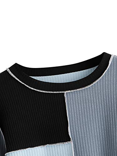 SheIn Women's Patchwork Color Block Crop Top Tees Long Sleeve Round Neck Ribbed Knit T Shirt Blue and Black Small