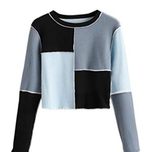 SheIn Women's Patchwork Color Block Crop Top Tees Long Sleeve Round Neck Ribbed Knit T Shirt Blue and Black Small