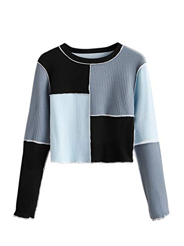 SheIn Women's Patchwork Color Block Crop Top Tees Long Sleeve Round Neck Ribbed Knit T Shirt Blue and Black Small