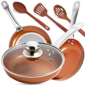 razab copper frying pan set with lids, 8", 9.5" & 11" frying pan set, nonstick frying pan set, copper pans with lid, nonstick skillets w/lids 8", 9.5" & 11" copper pan set