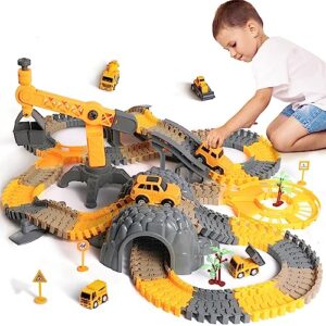 tumama 258pcs construction race track vehicle toys for boys and girls with 2 electric cars,stem building bendable race cars trucks track sets for toddlers 3 4 5 6 years old