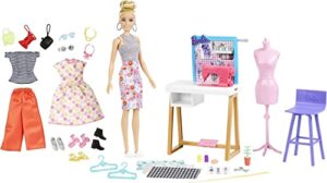 barbie fashion designer doll & 25+ accessories, studio playset includes furniture, sewing machine & mannequin, blonde doll