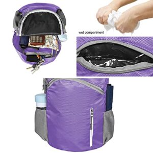 BEMYGREENBAG Waterproof foldable backpack lightweight packable bag for outdoor sport swimming kayaking Wet and Dry separated camping foldable backpack (Purple)