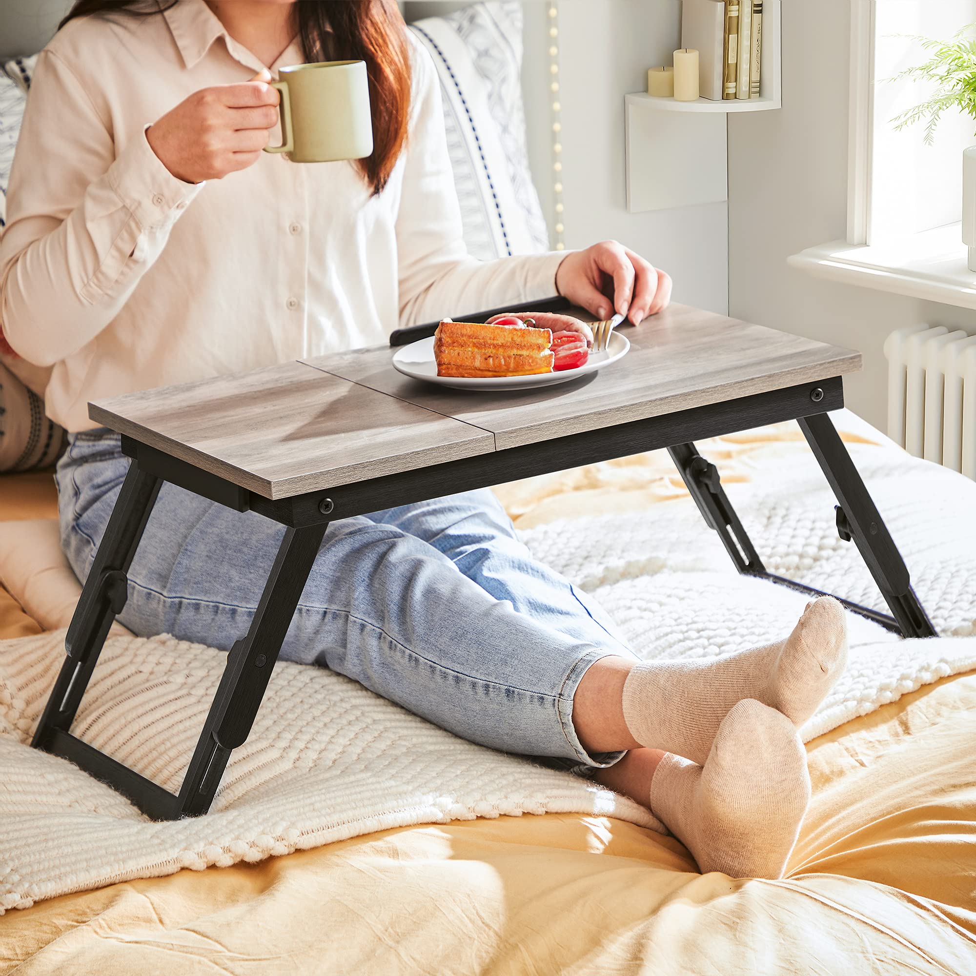 SONGMICS Laptop Desk for Bed or Sofa with Adjustable Tilting Top, Breakfast Serving Tray with Height Adjustable Folding Legs, Fits Screen Size up to 15.6 Inches, Floor Desk, Greige ULLD105W01