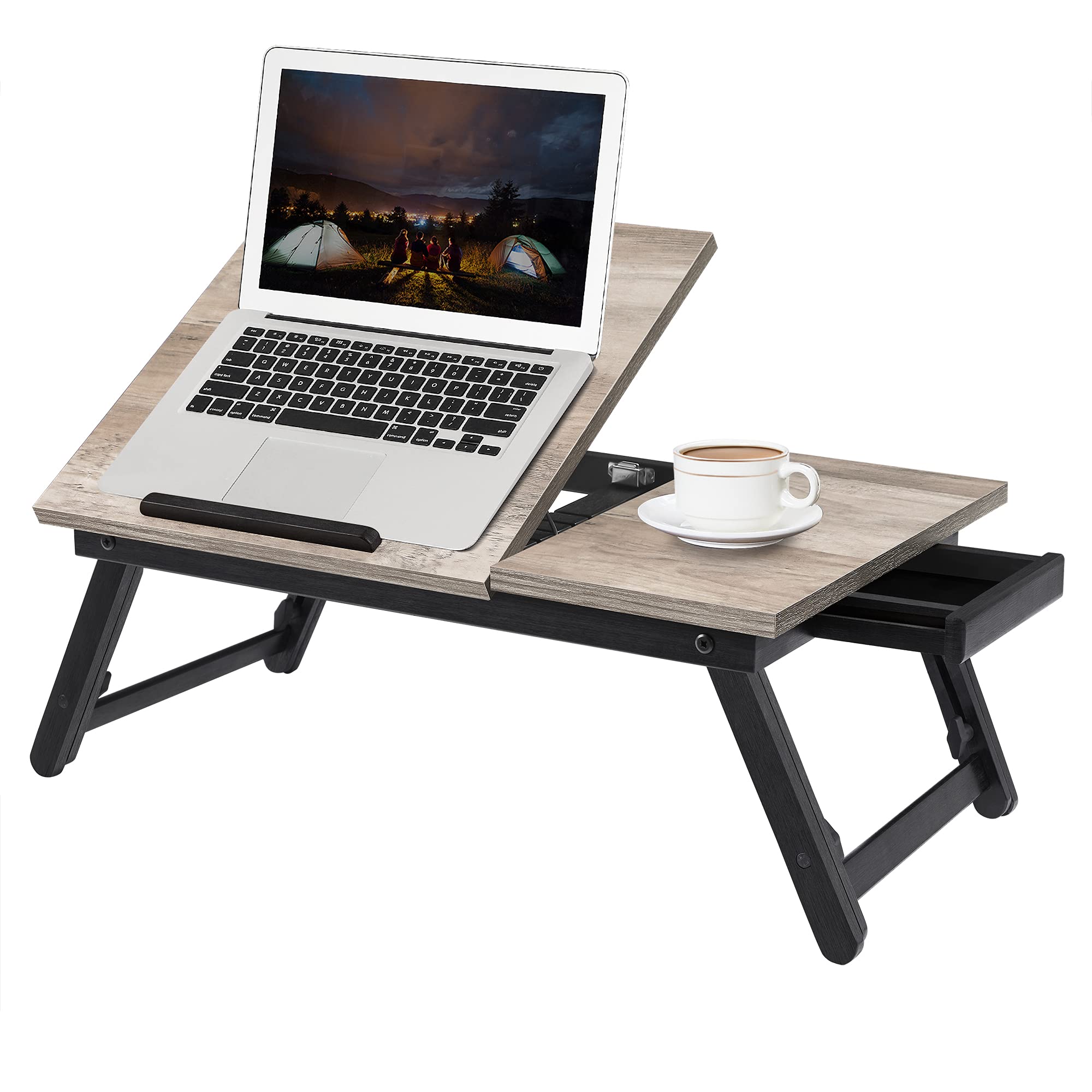 SONGMICS Laptop Desk for Bed or Sofa with Adjustable Tilting Top, Breakfast Serving Tray with Height Adjustable Folding Legs, Fits Screen Size up to 15.6 Inches, Floor Desk, Greige ULLD105W01