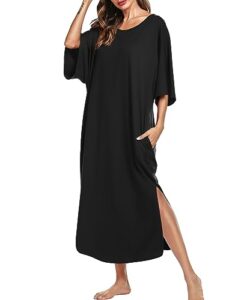 ekouaer womens, loungewear, nightgown nightshirt, plus size sleepwear, oversized pajama dress, long sleep dress with pockets, a_black, 4x-large