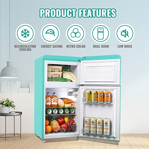 WANAI Compact Refrigerator 3.2 Cu.Ft Retro Dual Door Mini Fridge with Freezer Adjustable Remove Glass Shelves Small Refrigerator Suitable for Dorm Garage and Office