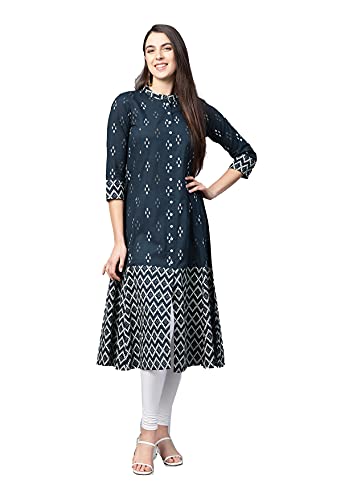 Yash Gallery Women's Cotton Ikat Print A-Line Kurta (Blue)