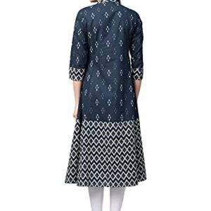 Yash Gallery Women's Cotton Ikat Print A-Line Kurta (Blue)