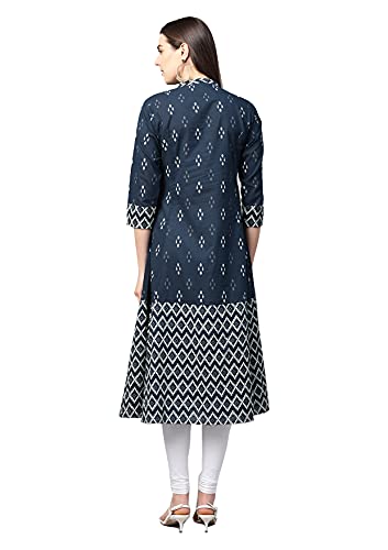 Yash Gallery Women's Cotton Ikat Print A-Line Kurta (Blue)