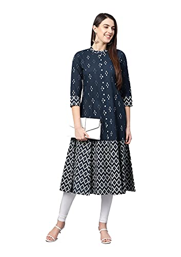 Yash Gallery Women's Cotton Ikat Print A-Line Kurta (Blue)