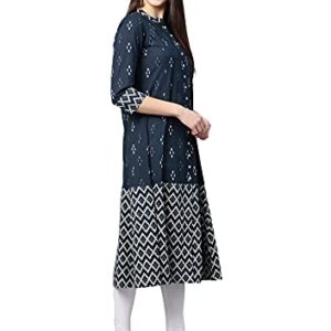 Yash Gallery Women's Cotton Ikat Print A-Line Kurta (Blue)