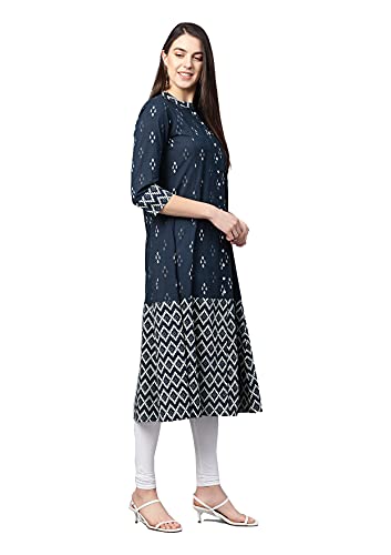 Yash Gallery Women's Cotton Ikat Print A-Line Kurta (Blue)