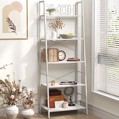 Yusong Ladder Shelf,Industrial 5-Tier Bookshelf,Free Standing Bookcase,Utility Organizer Shelves for Plant Flower,Wood Look Accent Furniture with Metal Frame for Home Office, (White)