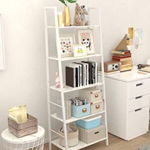 Yusong Ladder Shelf,Industrial 5-Tier Bookshelf,Free Standing Bookcase,Utility Organizer Shelves for Plant Flower,Wood Look Accent Furniture with Metal Frame for Home Office, (White)