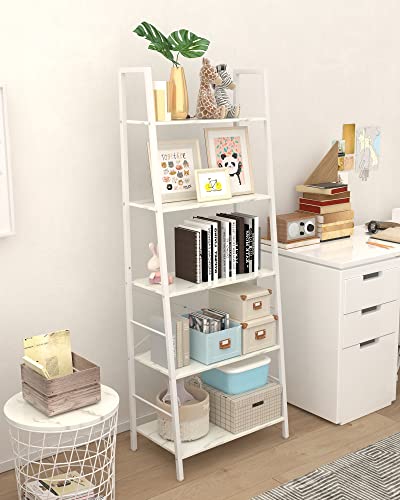 Yusong Ladder Shelf,Industrial 5-Tier Bookshelf,Free Standing Bookcase,Utility Organizer Shelves for Plant Flower,Wood Look Accent Furniture with Metal Frame for Home Office, (White)