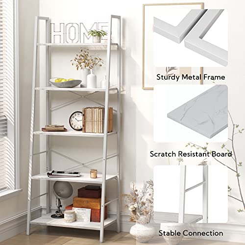 Yusong Ladder Shelf,Industrial 5-Tier Bookshelf,Free Standing Bookcase,Utility Organizer Shelves for Plant Flower,Wood Look Accent Furniture with Metal Frame for Home Office, (White)