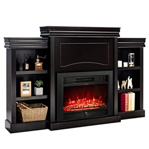 tangkula 70" mantel fireplace, 750w/1500w electric fireplace w/mantel & built-in bookshelves, 28.5-inch electric fireplace w/remote control, 1-8h timer, adjustable flame brightness & color (black)