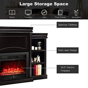 Tangkula 70" Mantel Fireplace, 750W/1500W Electric Fireplace w/Mantel & Built-in Bookshelves, 28.5-Inch Electric Fireplace w/Remote Control, 1-8H Timer, Adjustable Flame Brightness & Color (Black)