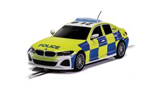 scalextric bmw 330i m-sport police car 1:32 slot race car c4165, yellow, blue & white