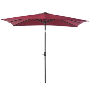outsunny 9' x 7' patio umbrella outdoor table market umbrella with crank, solar led lights, 45° tilt, push-button operation, for deck, backyard, pool and lawn, wine red