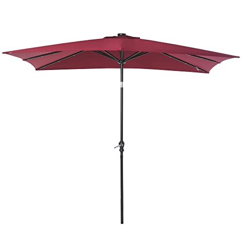 Outsunny 9' x 7' Patio Umbrella Outdoor Table Market Umbrella with Crank, Solar LED Lights, 45° Tilt, Push-Button Operation, for Deck, Backyard, Pool and Lawn, Wine Red